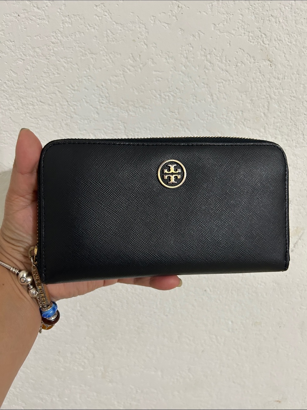 Tory Burch Black Zip-Around Saffiano Wallet with Gold Logo